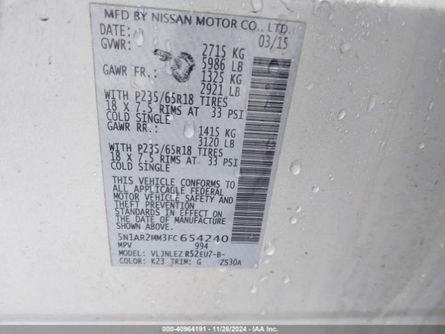 5N1AR2MM3FC654240 Nissan Pathfinder Platinum/s/sl/sv