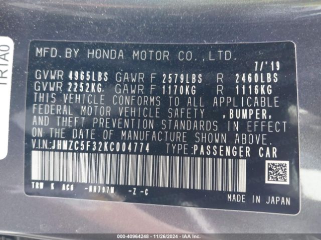 JHMZC5F32KC004774 Honda Clarity Plug-in Hybrid Touring