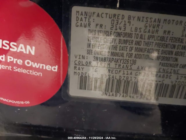 Nissan SENTRA SV 2019 3N1AB7AP4KY326138 Image 9