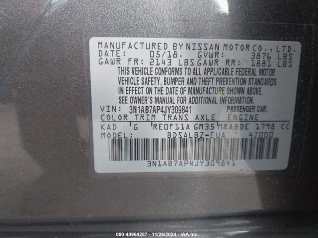 Nissan SENTRA S 2018 3N1AB7AP4JY309841 Image 9