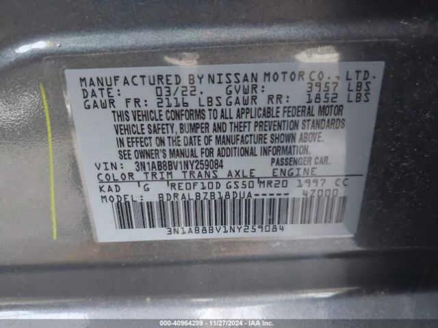 3N1AB8BV1NY259084 Nissan Sentra S Xtronic Cvt