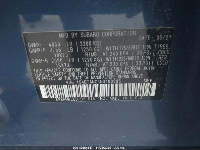 4S4BTANC3N3100295 Subaru Outback Limited