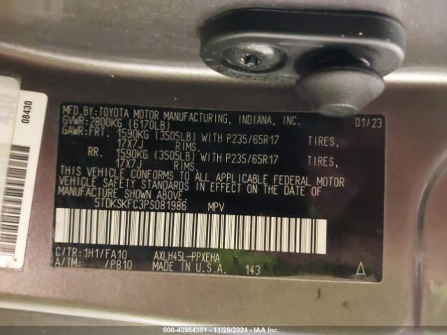 5TDKSKFC3PS081986 Toyota SIENNA LE