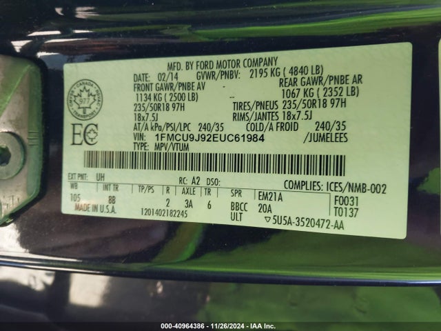 Ford Escape Titanium 2014 1FMCU9J92EUC61984 Image 9