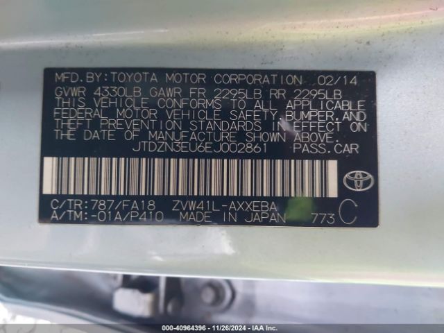 JTDZN3EU6EJ002861 Toyota Prius V Three