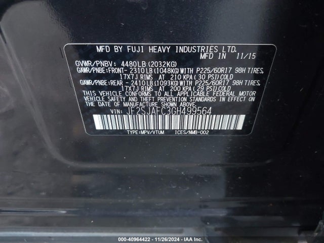 Subaru Forester 2.5i Premium 2016 JF2SJAFC3GH499564 Image 9