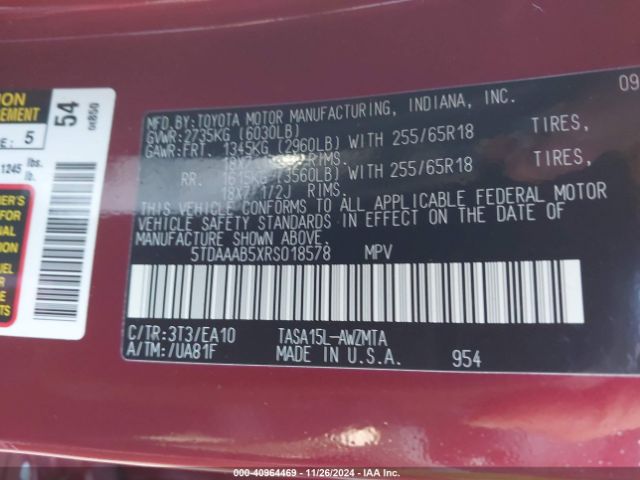 5TDAAAB5XRS018578 Toyota Grand Highlander Xle