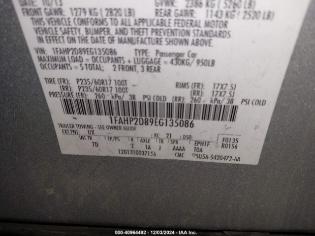 1FAHP2D89EG135086 Ford TAURUS SE