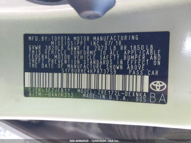 5YFBURHE4KP873759 Toyota COROLLA LE