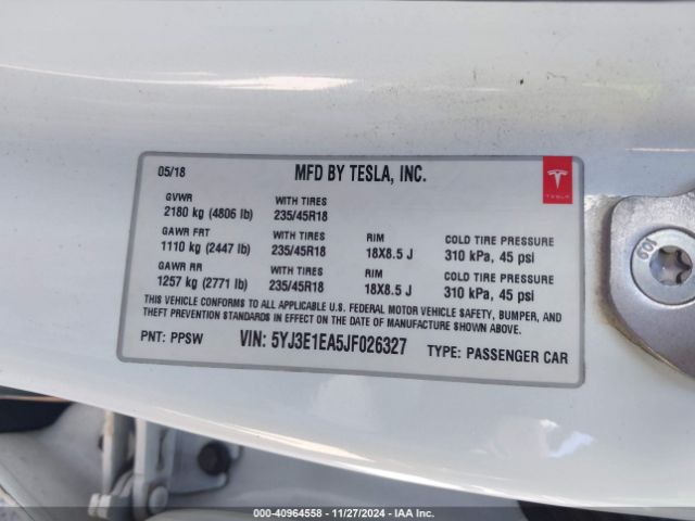 5YJ3E1EA5JF026327 Tesla Model 3 Long Range/mid Range