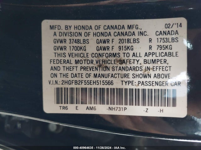 Honda Civic Lx 2014 2HGFB2F55EH515566 Image 9
