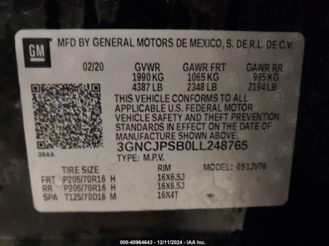 3GNCJPSB0LL248765 Chevrolet Trax Awd Lt