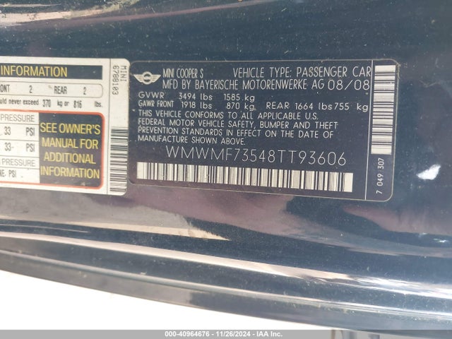 2008 MINI COOPER S WMWMF73548TT93606 Photo 8
