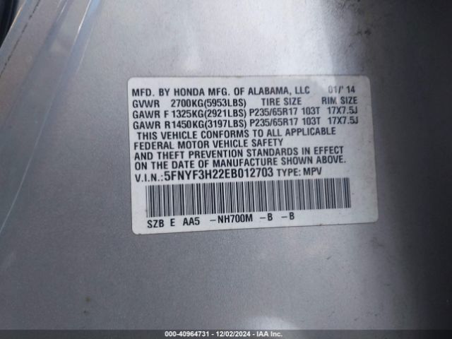5FNYF3H22EB012703 Honda PILOT LX