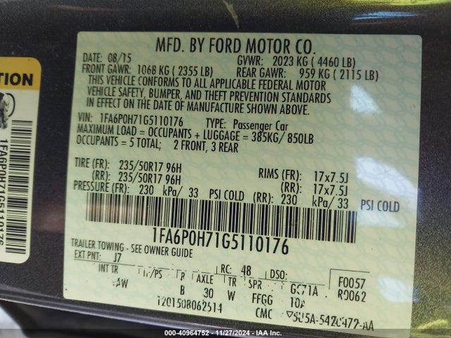 Ford FUSION SE 2016 1FA6P0H71G5110176 Image 9