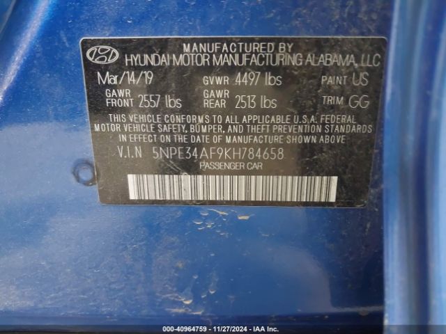 5NPE34AF9KH784658 Hyundai SONATA SEL