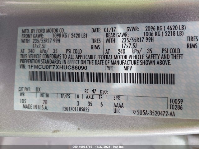 Ford ESCAPE S 2017 1FMCU0F7XHUC86090 Image 9