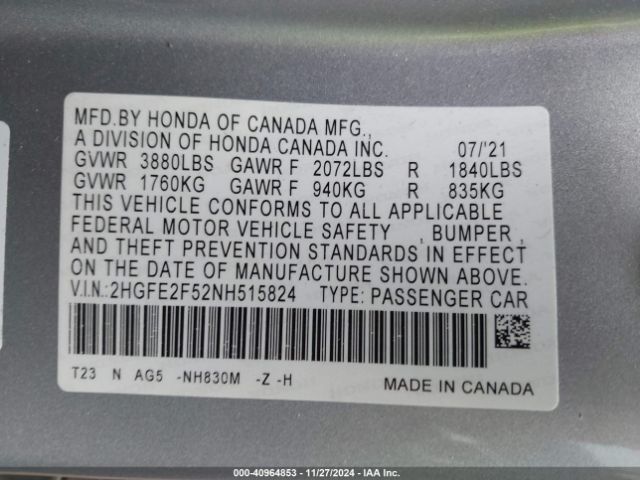 2HGFE2F52NH515824 Honda Civic Sport