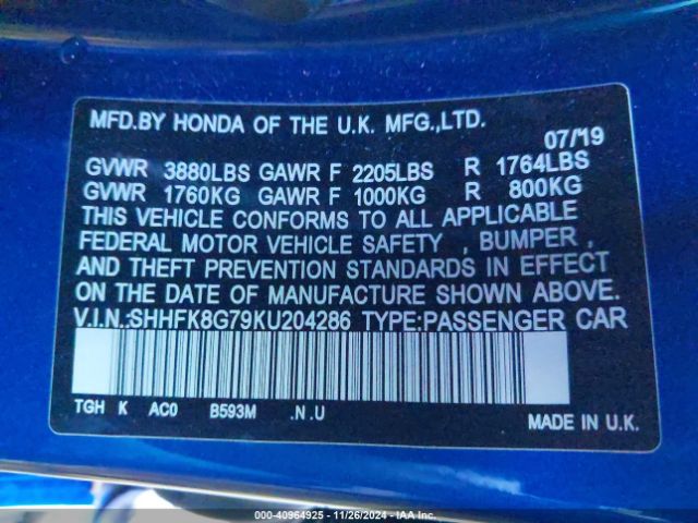 SHHFK8G79KU204286 Honda Civic Type R Touring