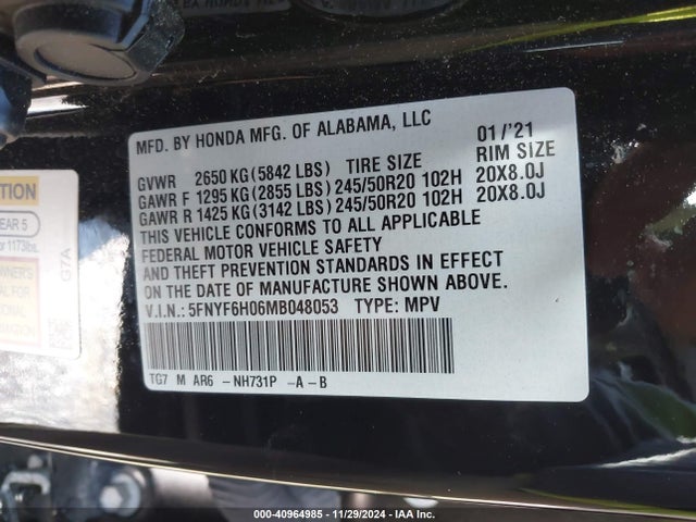 Honda Pilot Awd Elite 2021 5FNYF6H06MB048053 Image 9