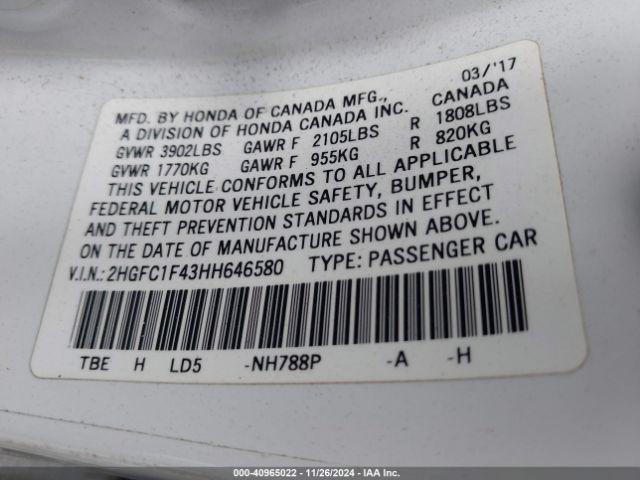 2HGFC1F43HH646580 Honda Civic Ex-t