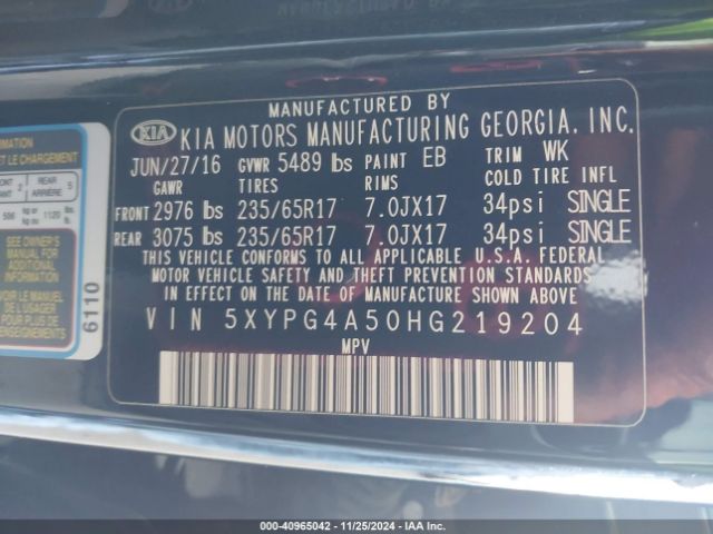 5XYPG4A50HG219204 KIA Sorento 3.3l Lx