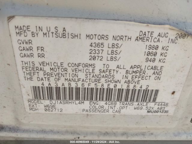 2008 MITSUBISHI GALANT 4A3AB36F58E018842 Photo 8