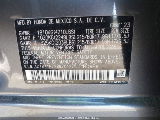 3CZRZ1H72RM701275 Honda Hr-v 2wd Ex-l/2wd Ex-l W/o Bsi