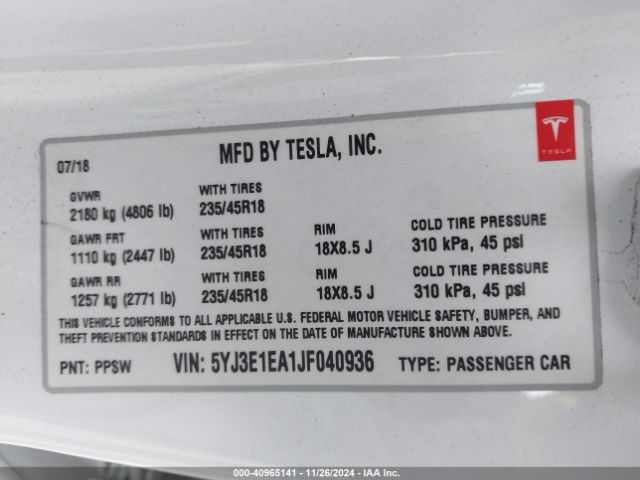 5YJ3E1EA1JF040936 Tesla Model 3 Long Range/mid Range