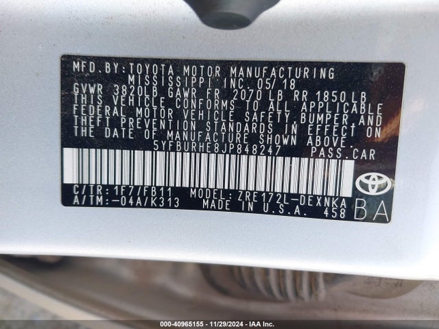 Toyota COROLLA LE 2018 5YFBURHE8JP848247 Image 9