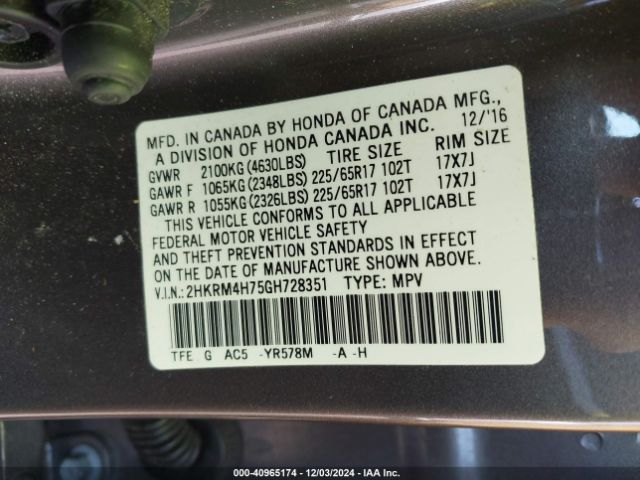 2HKRM4H75GH728351 Honda Cr-v Ex-l