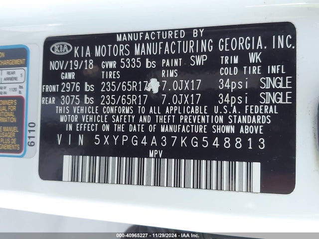 KIA Sorento 2.4l Lx 2019 5XYPG4A37KG548813 Image 9