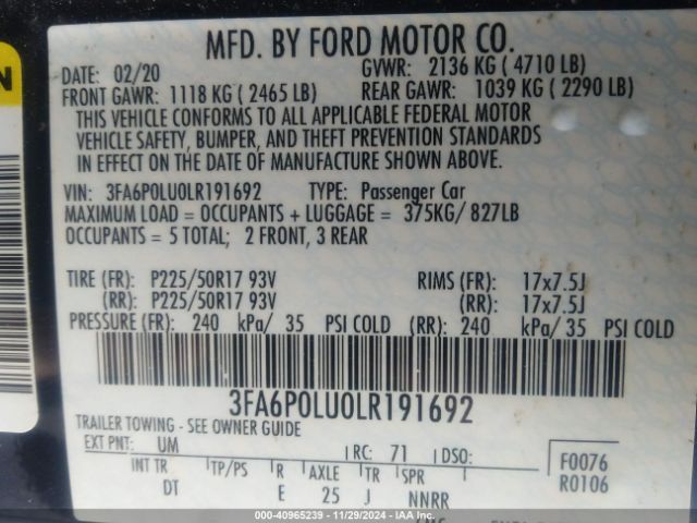 3FA6P0LU0LR191692 Ford Fusion Hybrid Se