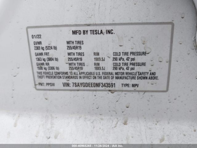 7SAYGDEE0NF343591 Tesla Model Y Long Range Dual Motor All-wheel Drive
