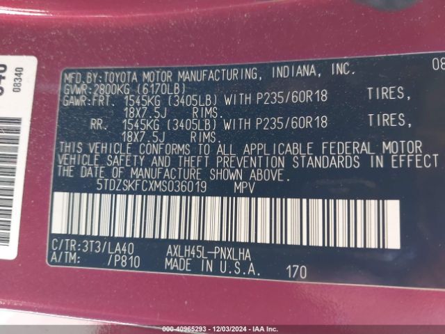 5TDZSKFCXMS036019 Toyota Sienna Limited