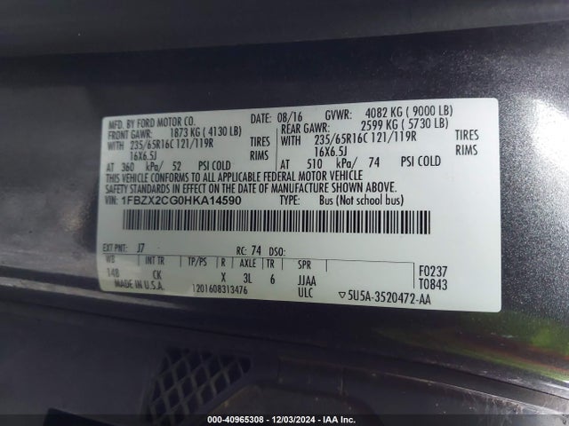 1FBZX2CG0HKA14590 Ford Transit