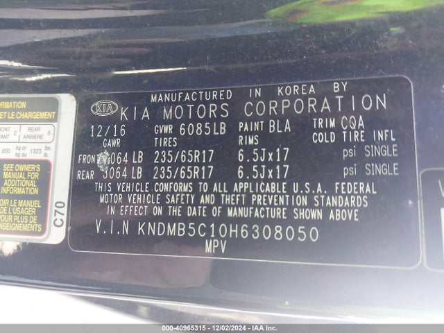 KIA SEDONA LX 2017 KNDMB5C10H6308050 Image 9