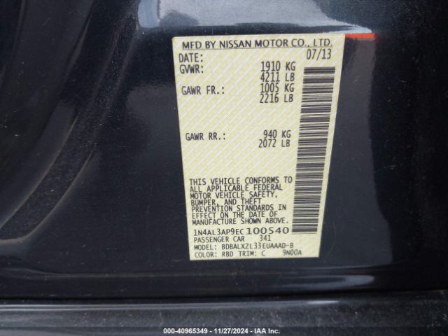 1N4AL3AP9EC100540 Nissan Altima 2.5 Sl