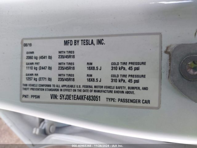 5YJ3E1EA4KF483051 Tesla Model 3 Long Range/mid Range/standard Range/standard Range Plus
