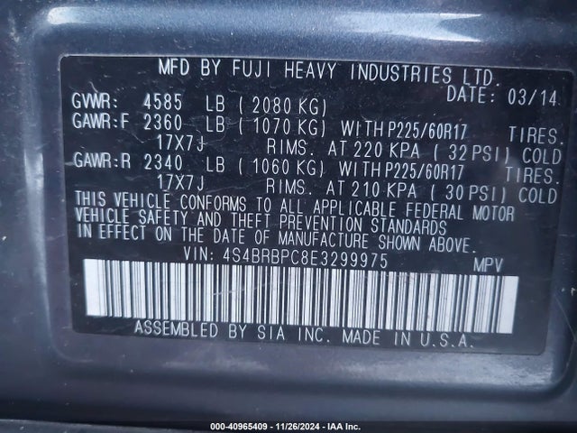 Subaru 2.5na u5 2014 4S4BRBPC8E3299975 Image 9