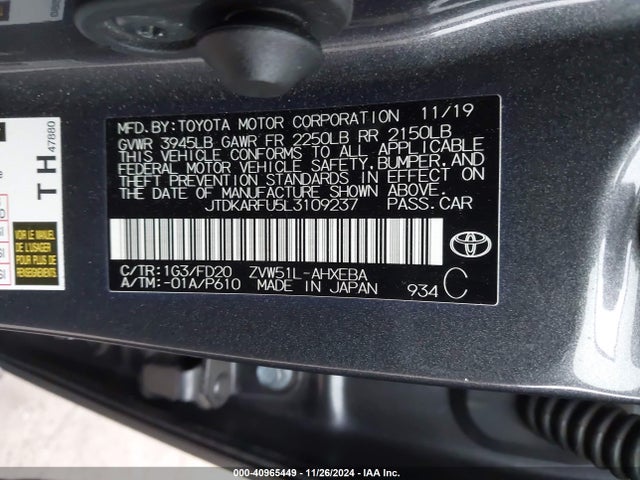 Toyota Prius Le 2020 JTDKARFU5L3109237 Image 9