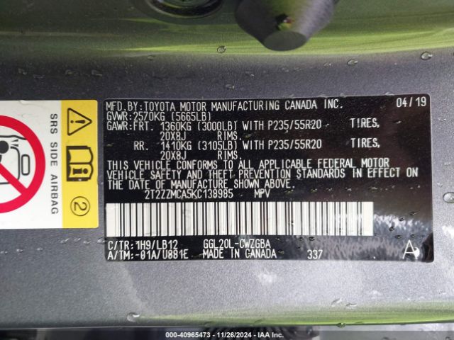 2T2ZZMCA5KC138985 Lexus RX 350