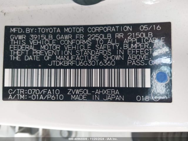 JTDKBRFU6G3016360 Toyota Prius Two