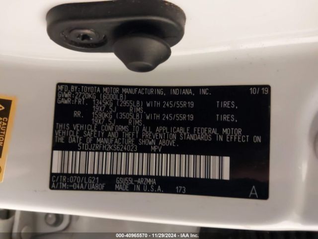 5TDJZRFH2KS624023 Toyota Highlander Se