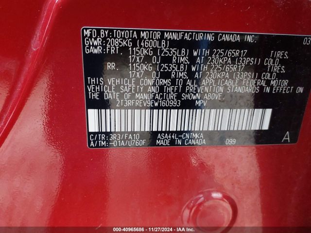 2T3RFREV9EW160993 Toyota Rav4 Xle