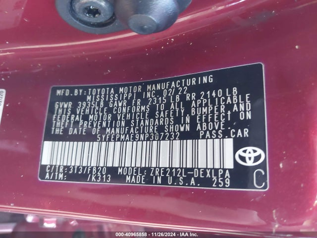 Toyota COROLLA LE 2022 5YFEPMAE9NP307232 Image 9