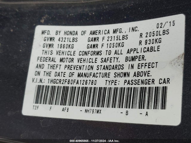 Honda Accord Ex-l 2015 1HGCR2F80FA126780 Image 9