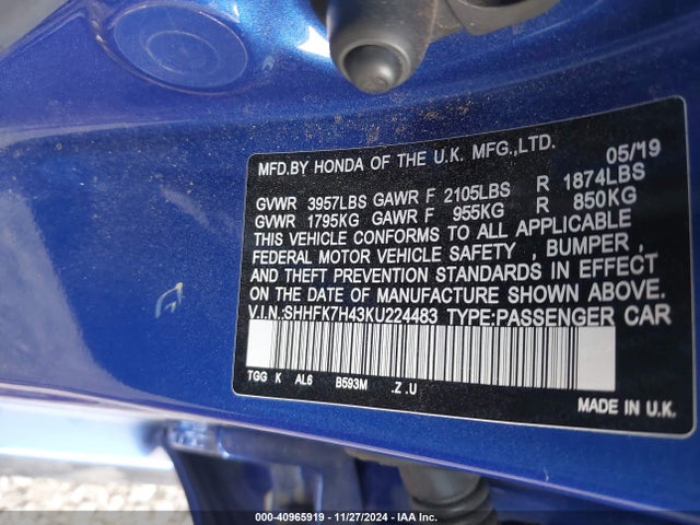 SHHFK7H43KU224483 Honda Civic Sport