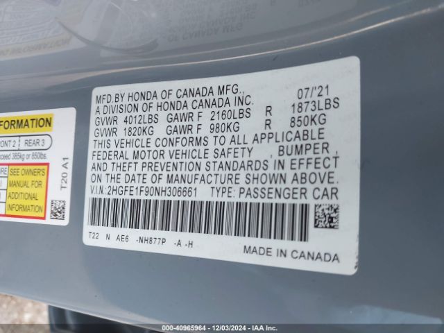 2HGFE1F90NH306661 Honda Civic Touring