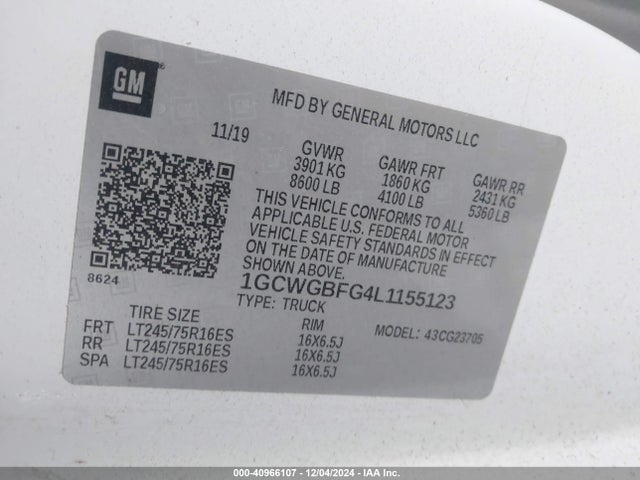 1GCWGBFG4L1155123 Chevrolet Express Cargo Rwd 2500 Extended Wheelbase Wt